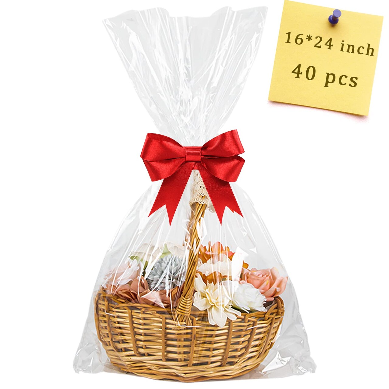 40pcs Cellophane Bags 16x24 Clear Cellophane Wrap for Gift Baskets Large Clear Party Favors Treat Plastic Gift Packaging for Cookie Candy Goodie